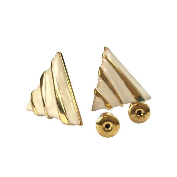 Vintage Coro Earrings Gold Tone White Enamel Triangle Studs Posts - Picture 1 of 12
